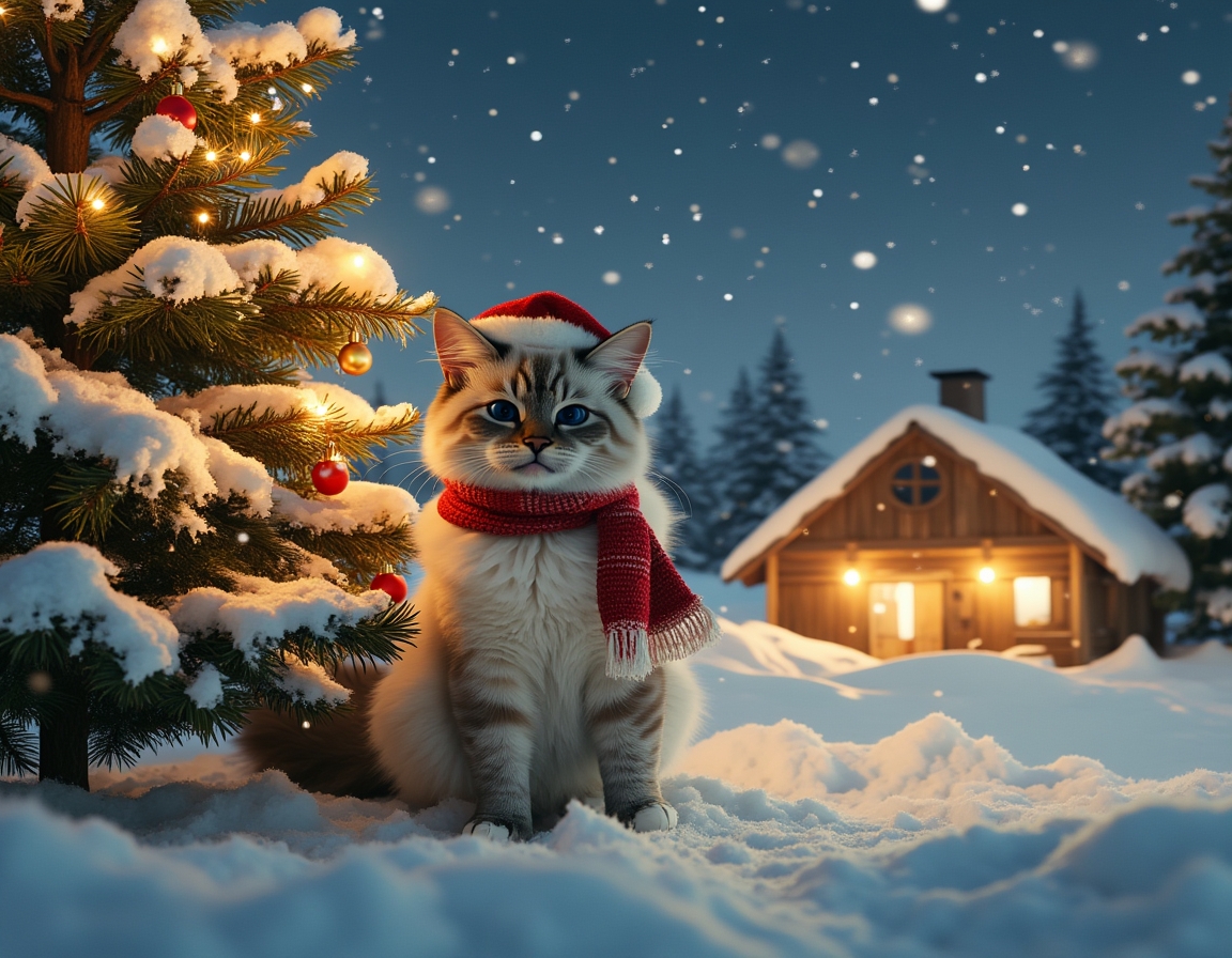 Cat sits beside a glowing Christmas tree, wearing a festive scarf and Santa hat. Snow falls gently, with a cozy cabin and snow-covered trees in the background.